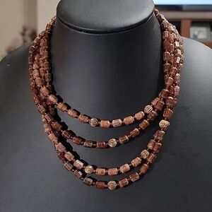 Western Germany Vintage Triple Strand Brown Bronze Metallic Beaded Necklace